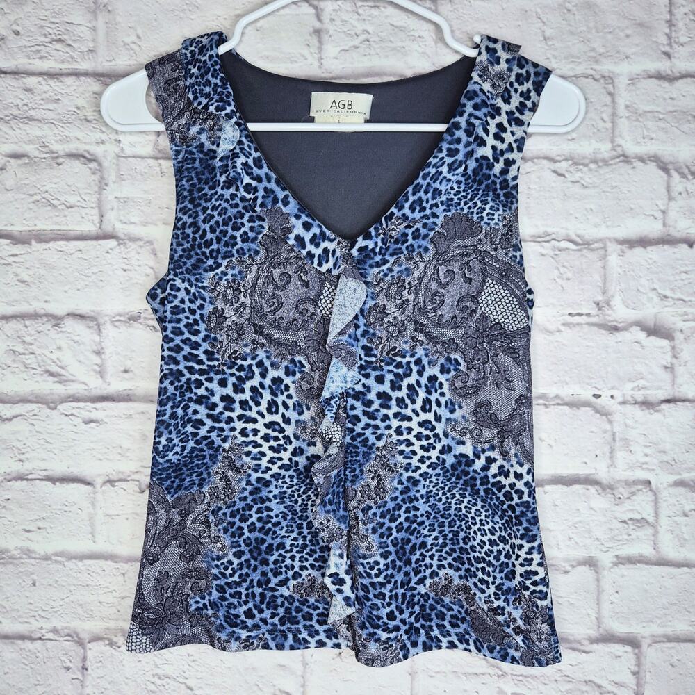 VTG 90s Y2K AGB Byer California Blue Leopard Lace Ruffle Tank Top Small Fairy